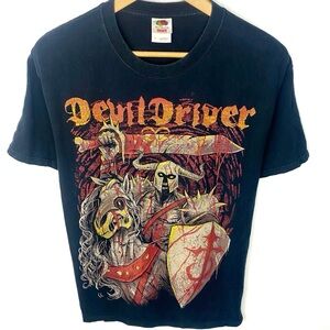 Vintage Y2K Devil Driver Band Black AOP Graphic T Shirt Metal Punk Size Large